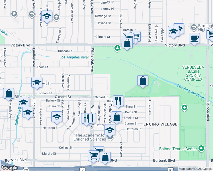 map of restaurants, bars, coffee shops, grocery stores, and more near 17601 Calvert Street in Los Angeles