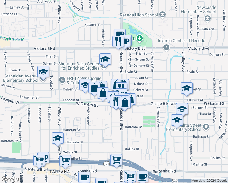 map of restaurants, bars, coffee shops, grocery stores, and more near 18529 Calvert Street in Los Angeles