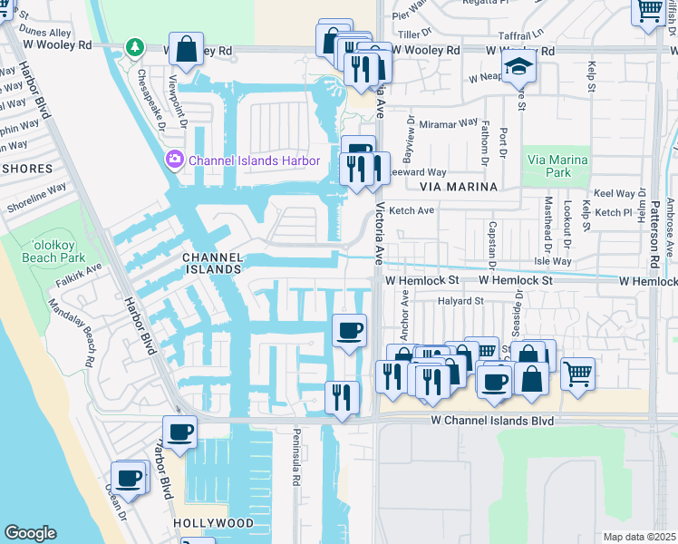 map of restaurants, bars, coffee shops, grocery stores, and more near 3907 West Hemlock Street in Oxnard