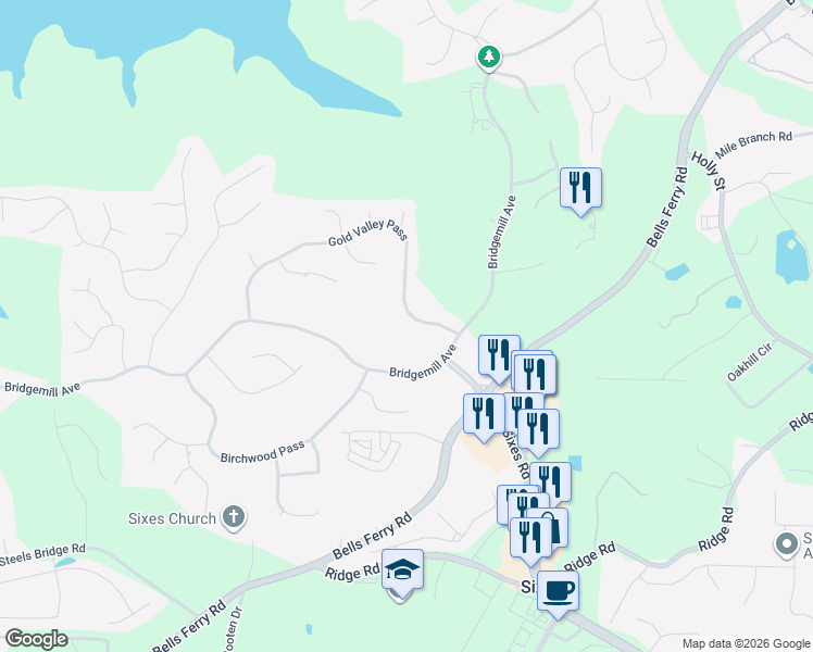 map of restaurants, bars, coffee shops, grocery stores, and more near 672 Gold Valley Pass in Canton