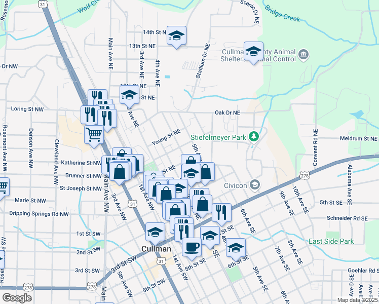 map of restaurants, bars, coffee shops, grocery stores, and more near 307 Elizabeth Street Northeast in Cullman