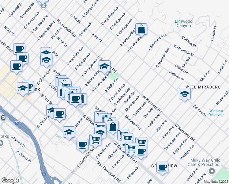 map of restaurants, bars, coffee shops, grocery stores, and more near 635 East Elmwood Avenue in Burbank