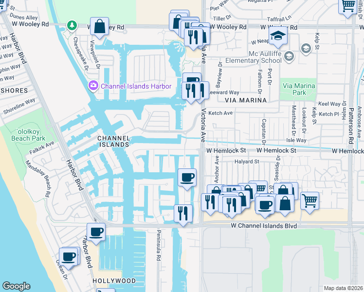 map of restaurants, bars, coffee shops, grocery stores, and more near 3907 West Hemlock Street in Oxnard