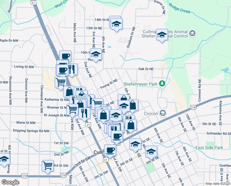 map of restaurants, bars, coffee shops, grocery stores, and more near 115 2nd Avenue Northeast in Cullman