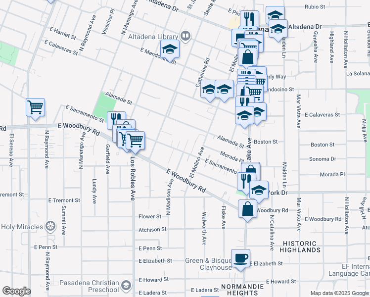 map of restaurants, bars, coffee shops, grocery stores, and more near 2124 North Madison Avenue in Altadena