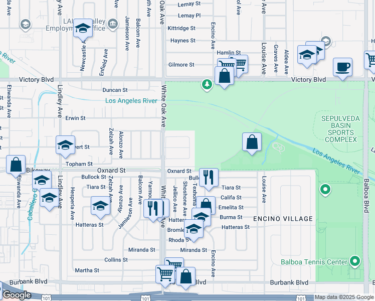map of restaurants, bars, coffee shops, grocery stores, and more near 17600 Calvert Street in Los Angeles