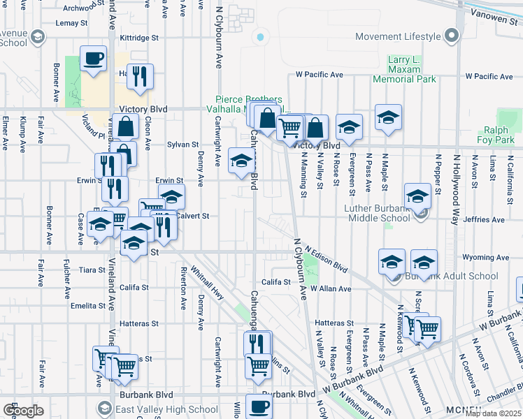 map of restaurants, bars, coffee shops, grocery stores, and more near 6110 Cahuenga Boulevard in Los Angeles