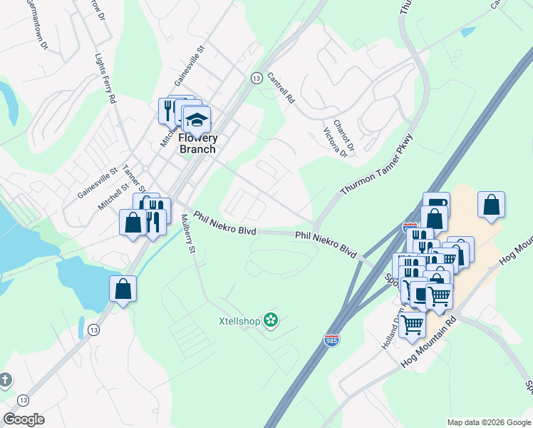 map of restaurants, bars, coffee shops, grocery stores, and more near 5627 Parkview Lane in Flowery Branch