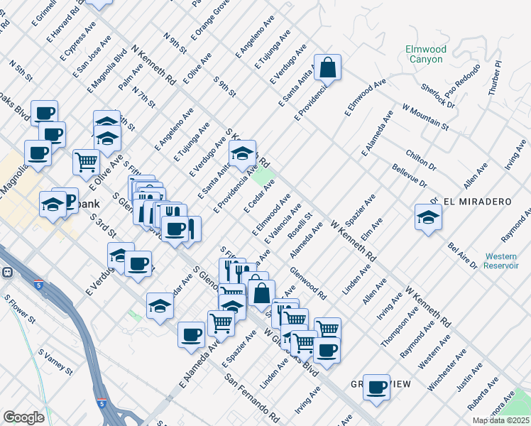 map of restaurants, bars, coffee shops, grocery stores, and more near 635 East Elmwood Avenue in Burbank
