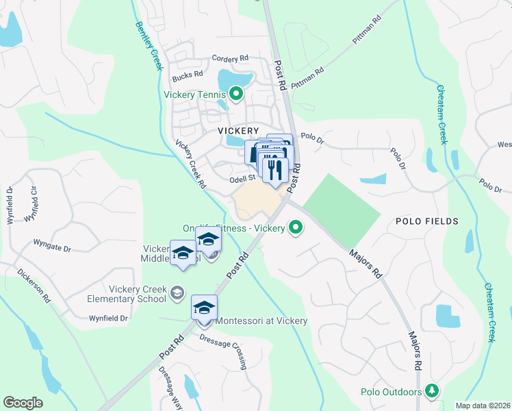 map of restaurants, bars, coffee shops, grocery stores, and more near 5890 Bond Street in Cumming
