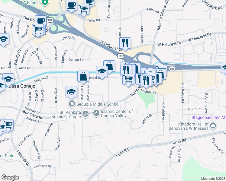map of restaurants, bars, coffee shops, grocery stores, and more near 217 Deerwalk Place in Thousand Oaks