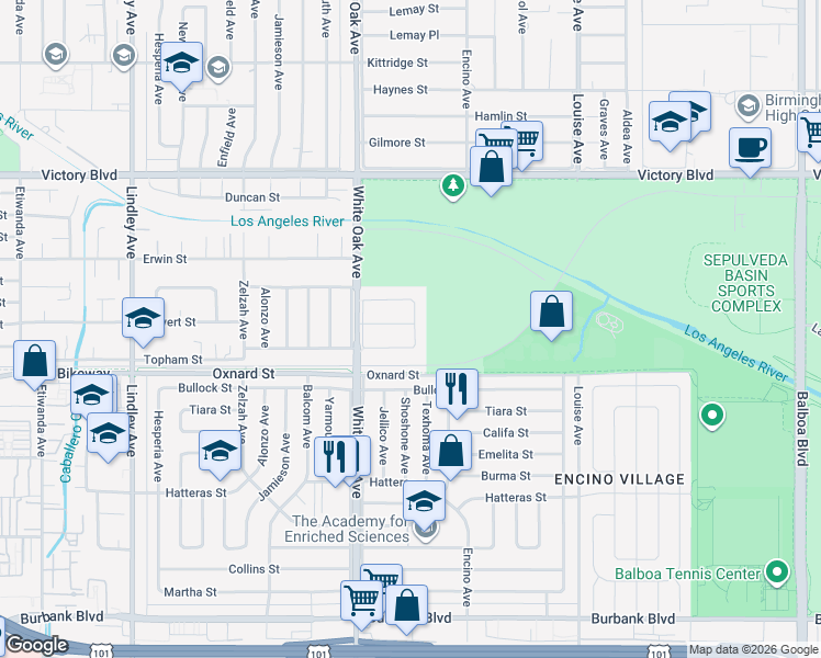 map of restaurants, bars, coffee shops, grocery stores, and more near 17601 Calvert Street in Los Angeles