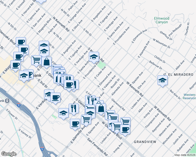 map of restaurants, bars, coffee shops, grocery stores, and more near 623 East Cedar Avenue in Burbank