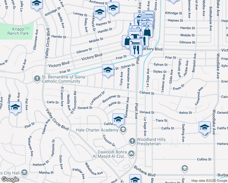 map of restaurants, bars, coffee shops, grocery stores, and more near 23821 Calvert Street in Los Angeles