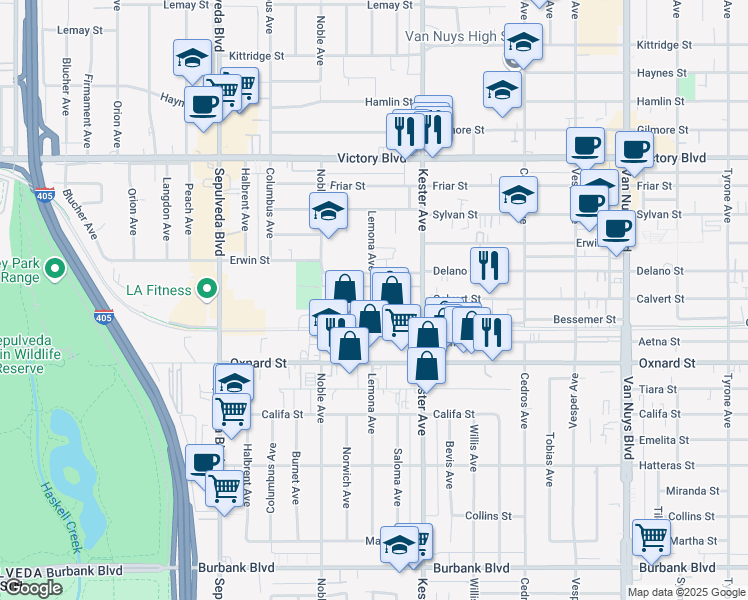 map of restaurants, bars, coffee shops, grocery stores, and more near 6154 Lemona Avenue in Los Angeles