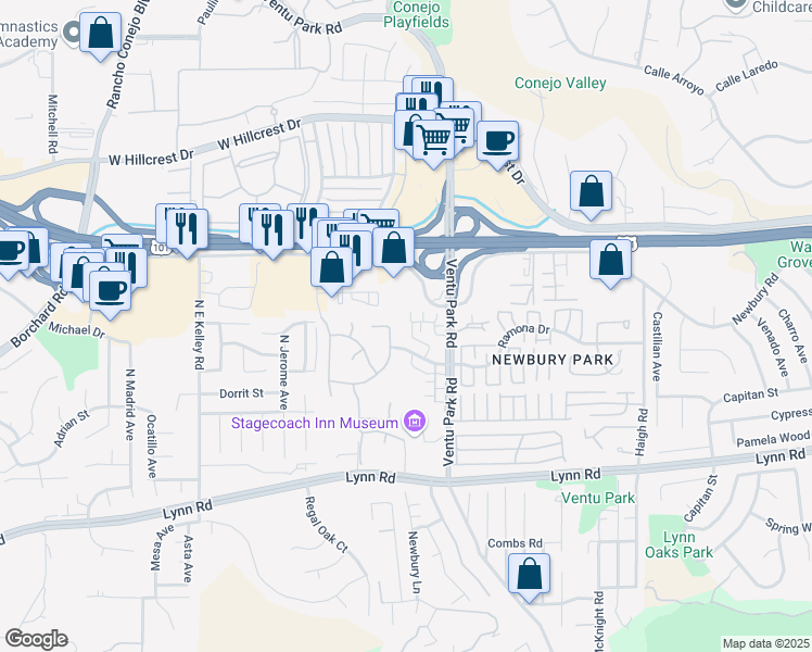 map of restaurants, bars, coffee shops, grocery stores, and more near 1563 Silver Shadow Drive in Thousand Oaks