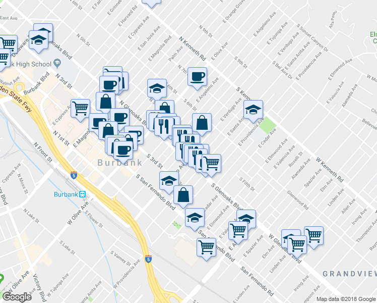 map of restaurants, bars, coffee shops, grocery stores, and more near 431 East Verdugo Avenue in Burbank