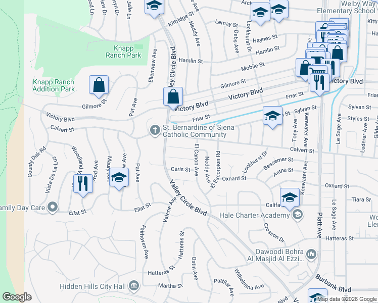 map of restaurants, bars, coffee shops, grocery stores, and more near 24221 Bessemer Street in Los Angeles