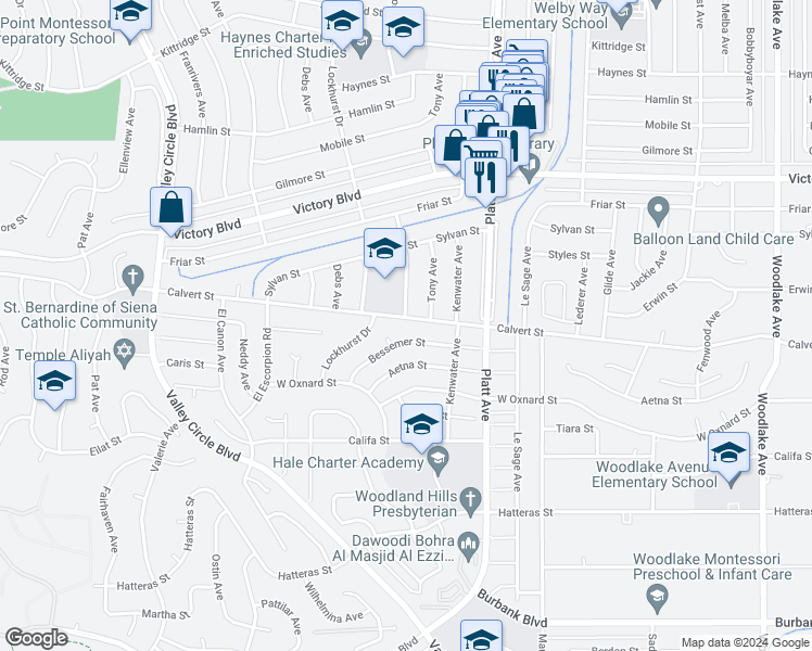 map of restaurants, bars, coffee shops, grocery stores, and more near 23832 Calvert Street in Los Angeles