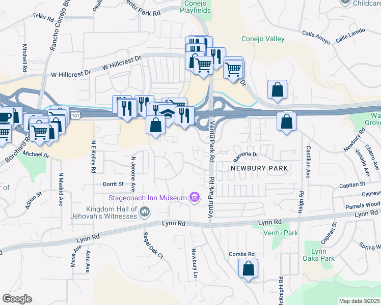 map of restaurants, bars, coffee shops, grocery stores, and more near 1563 Silver Shadow Drive in Thousand Oaks