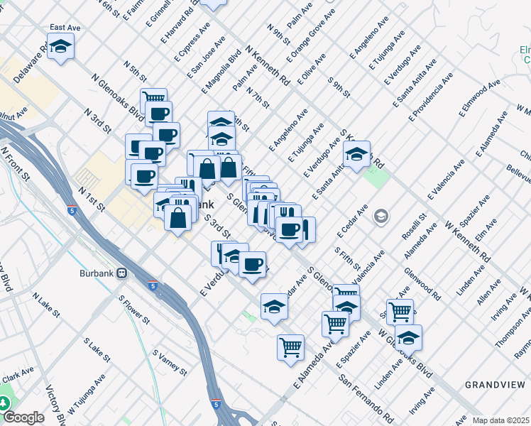 map of restaurants, bars, coffee shops, grocery stores, and more near 431 East Verdugo Avenue in Burbank
