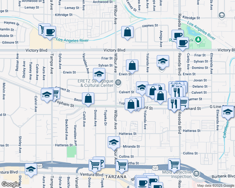 map of restaurants, bars, coffee shops, grocery stores, and more near 18858 Calvert Street in Los Angeles