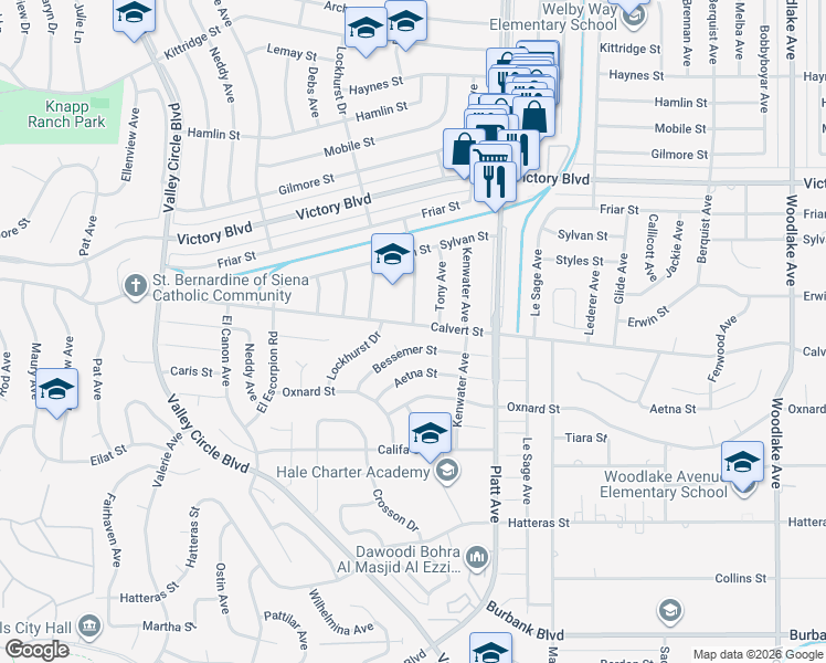 map of restaurants, bars, coffee shops, grocery stores, and more near 23832 Calvert Street in Los Angeles