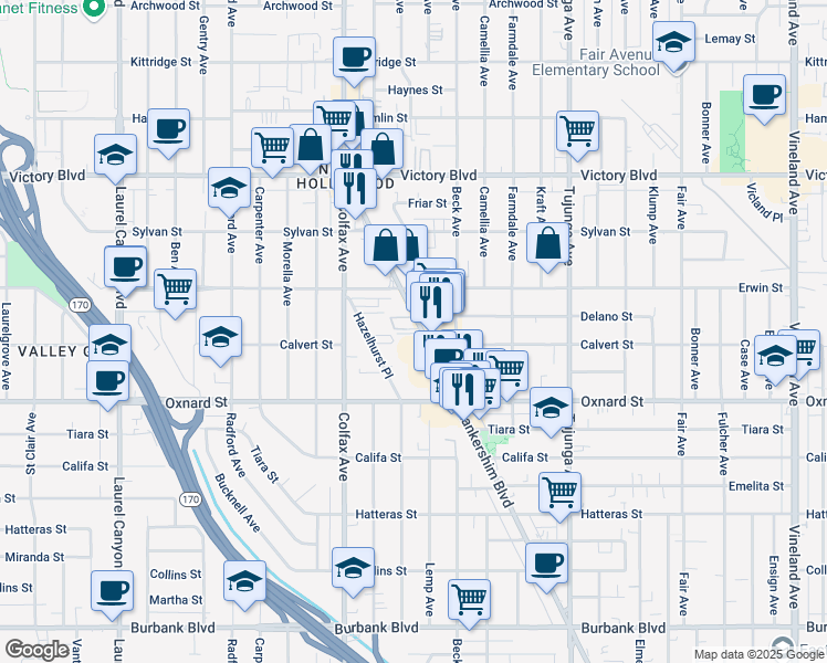 map of restaurants, bars, coffee shops, grocery stores, and more near 6060 Lankershim Boulevard in Los Angeles