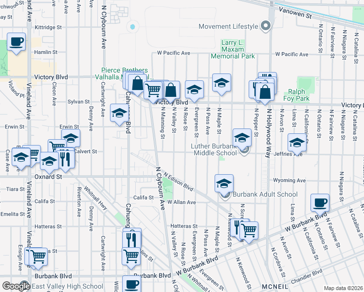 map of restaurants, bars, coffee shops, grocery stores, and more near 1809 North Rose Street in Burbank