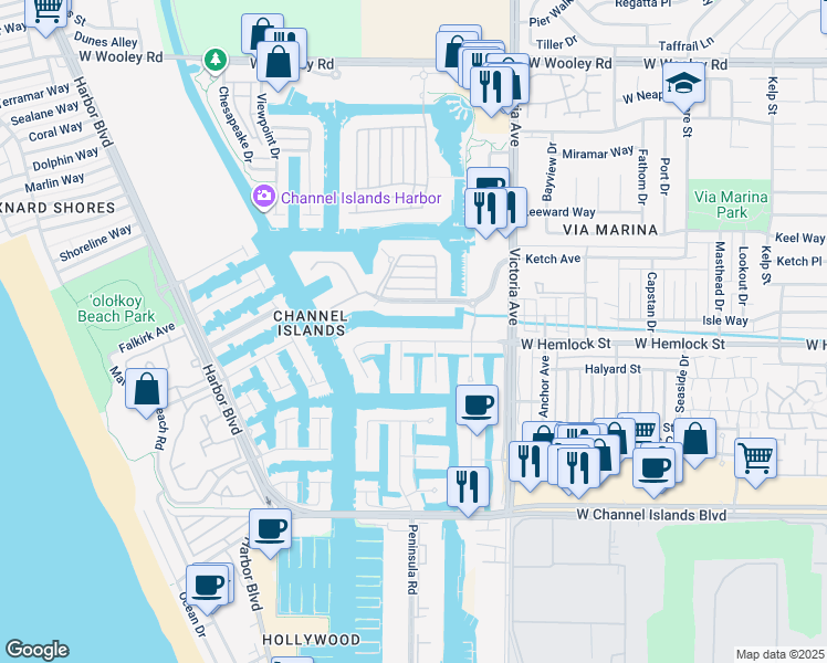 map of restaurants, bars, coffee shops, grocery stores, and more near 4057 West Hemlock Street in Oxnard