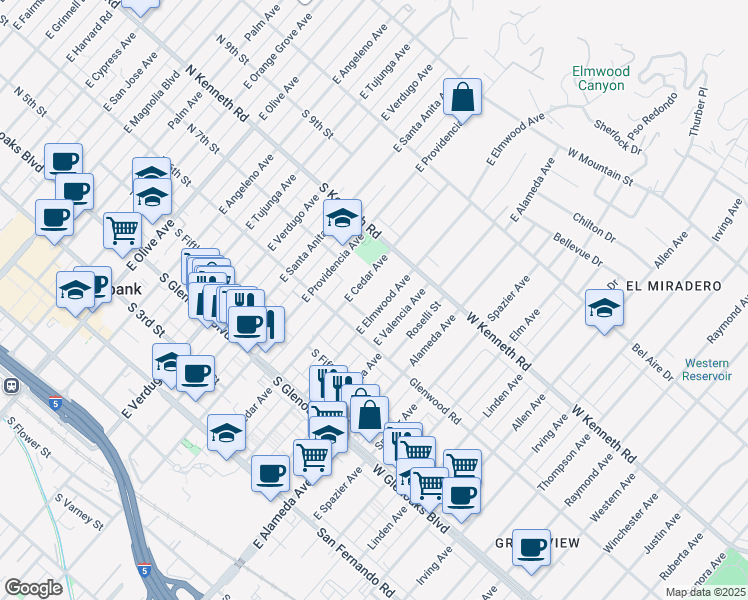 map of restaurants, bars, coffee shops, grocery stores, and more near 635 East Elmwood Avenue in Burbank