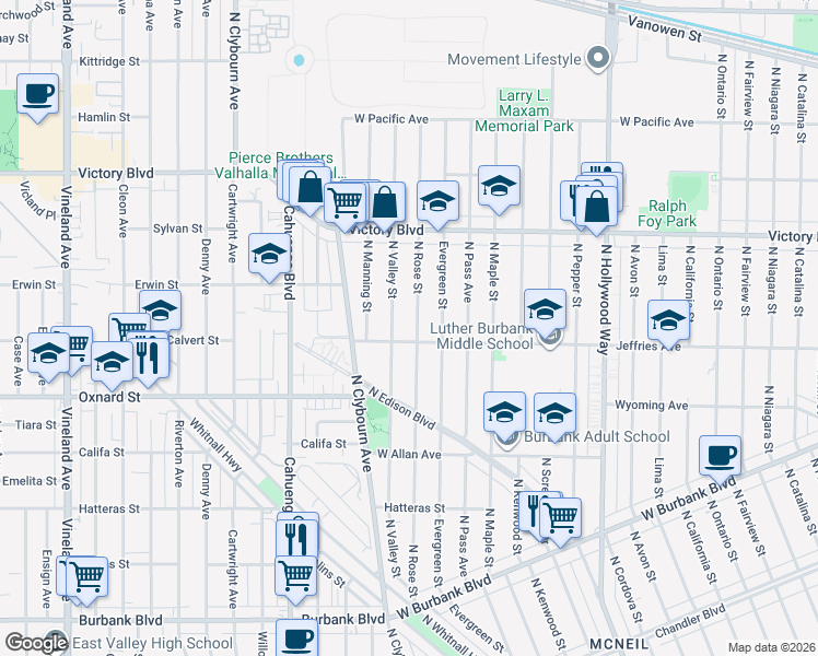 map of restaurants, bars, coffee shops, grocery stores, and more near 1809 North Rose Street in Burbank
