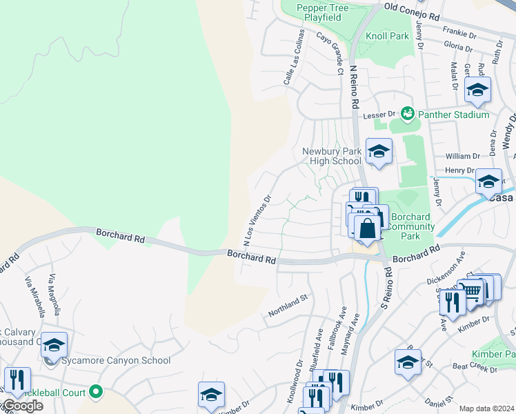 map of restaurants, bars, coffee shops, grocery stores, and more near 221 North Los Vientos Drive in Thousand Oaks