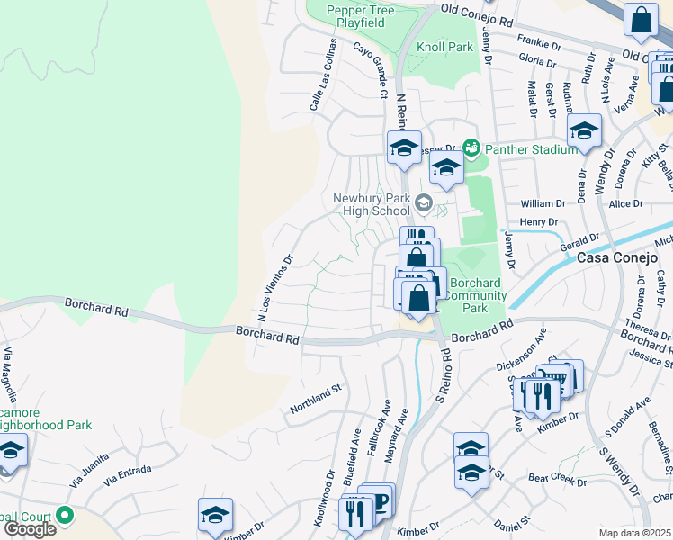 map of restaurants, bars, coffee shops, grocery stores, and more near 3919 San Clemente Court in Thousand Oaks