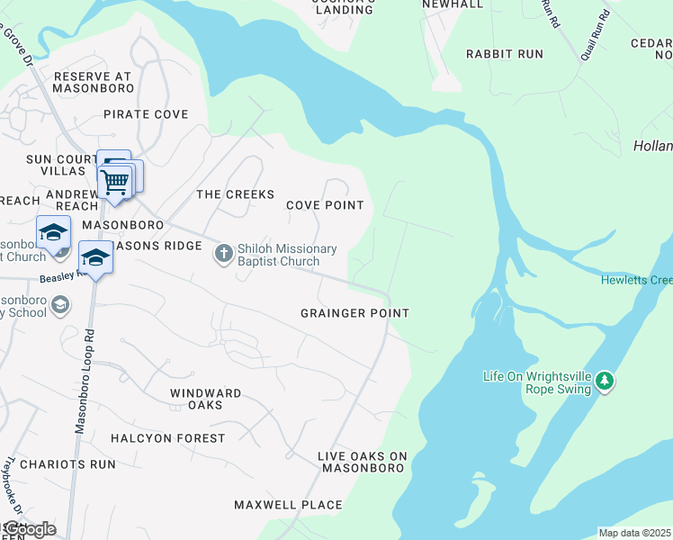 map of restaurants, bars, coffee shops, grocery stores, and more near 7211 Masonboro Sound Road in Wilmington