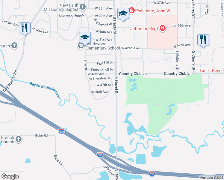 map of restaurants, bars, coffee shops, grocery stores, and more near 2300 West 47th Avenue in Pine Bluff