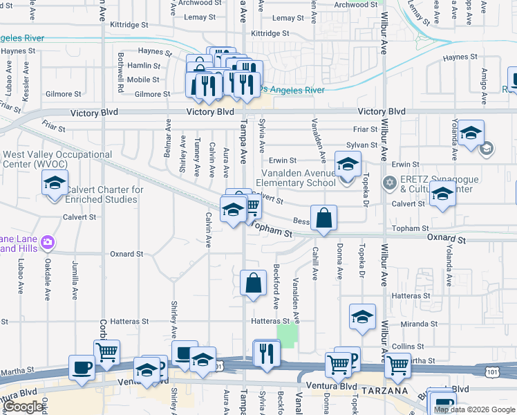 map of restaurants, bars, coffee shops, grocery stores, and more near 6133 Sylvia Avenue in Los Angeles