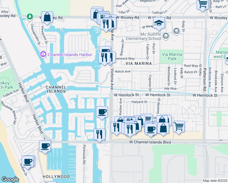 map of restaurants, bars, coffee shops, grocery stores, and more near 1962 Victoria Avenue in Oxnard