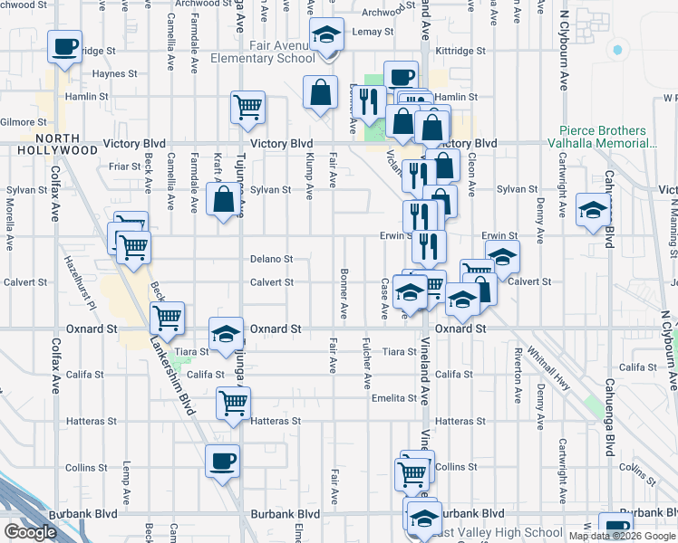 map of restaurants, bars, coffee shops, grocery stores, and more near 6126 Bonner Avenue in Los Angeles