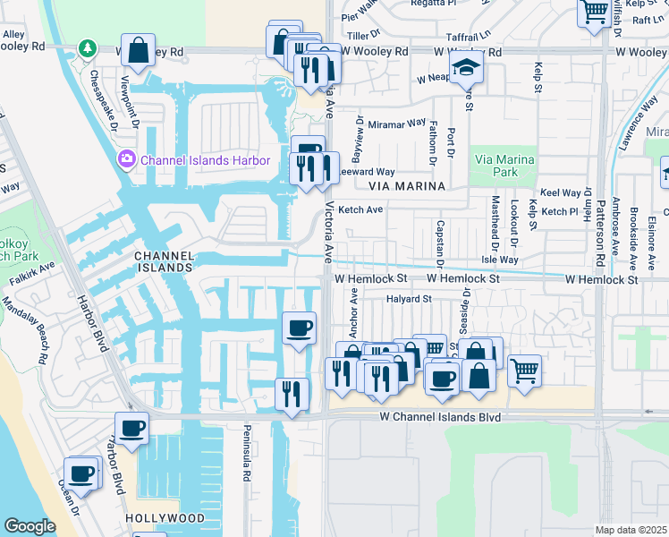 map of restaurants, bars, coffee shops, grocery stores, and more near 1962 Victoria Avenue in Oxnard