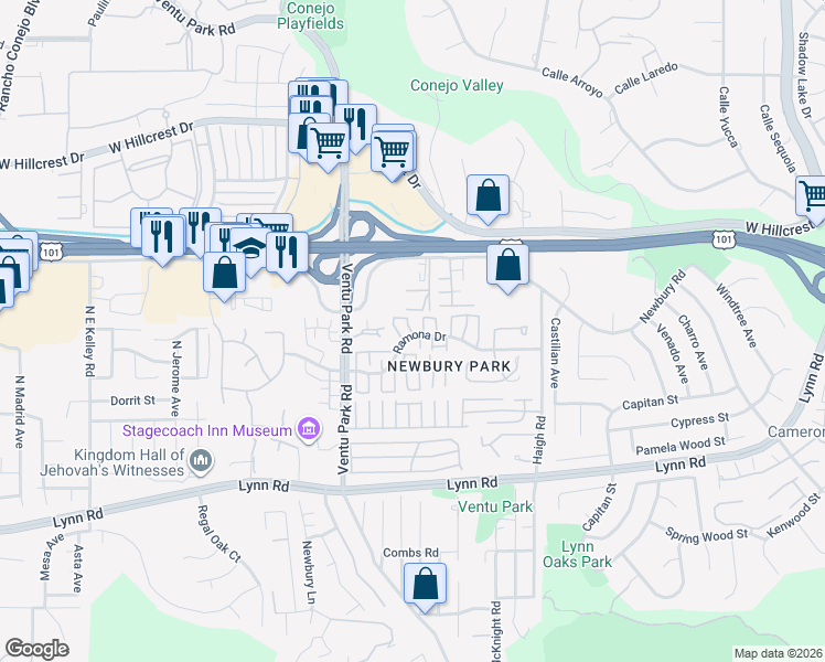 map of restaurants, bars, coffee shops, grocery stores, and more near 1315 Ramona Drive in Thousand Oaks
