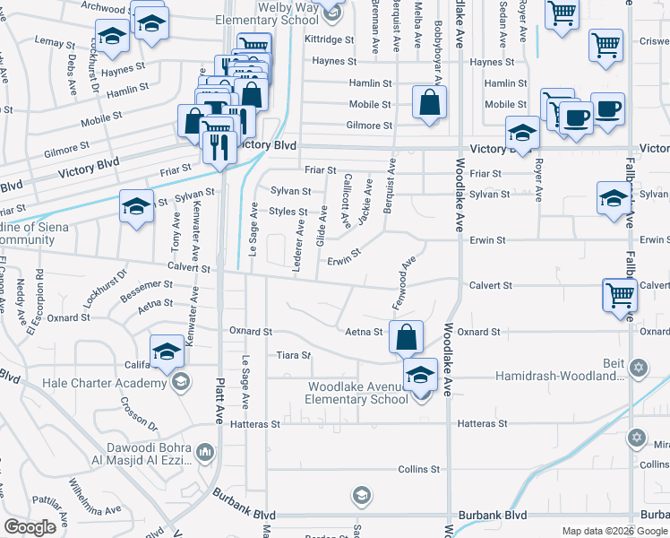 map of restaurants, bars, coffee shops, grocery stores, and more near 23426 Erwin Street in Los Angeles