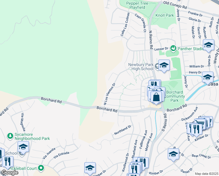 map of restaurants, bars, coffee shops, grocery stores, and more near 221 North Los Vientos Drive in Thousand Oaks