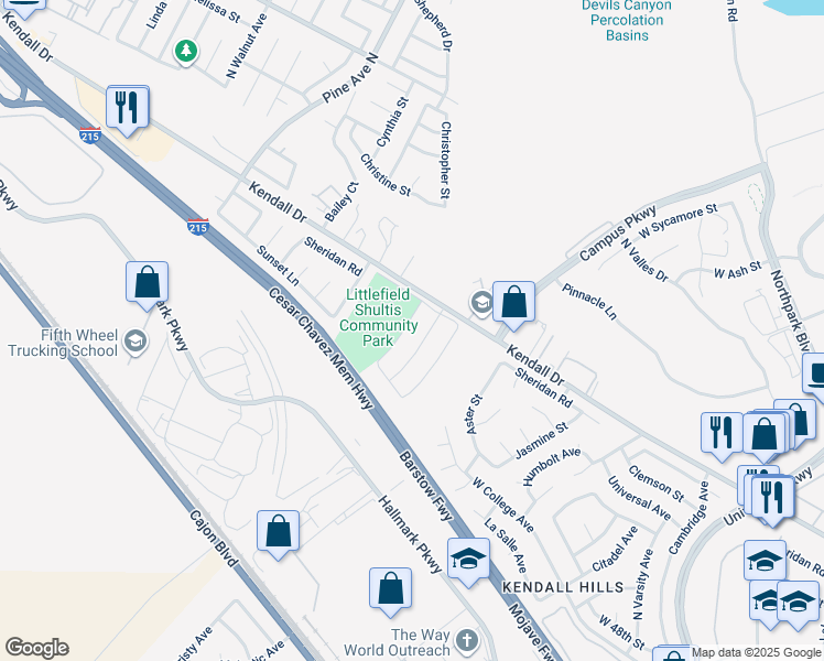 map of restaurants, bars, coffee shops, grocery stores, and more near 5663 Buckboard Drive in San Bernardino