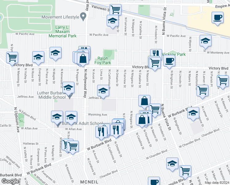 map of restaurants, bars, coffee shops, grocery stores, and more near 1517 North Ontario Street in Burbank