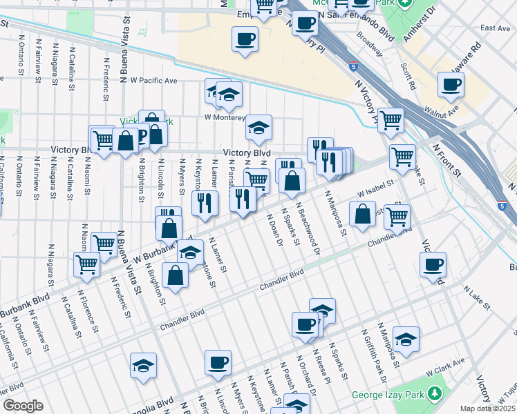 map of restaurants, bars, coffee shops, grocery stores, and more near 1701 West Burbank Boulevard in Burbank