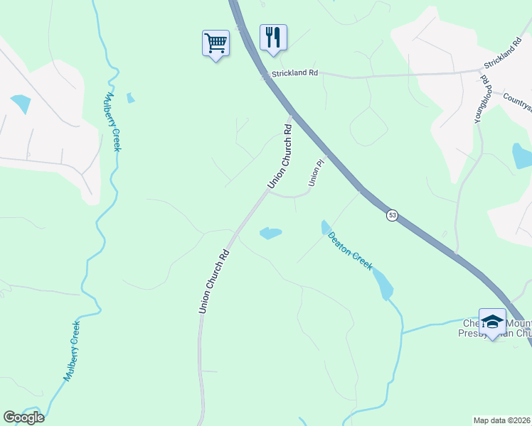 map of restaurants, bars, coffee shops, grocery stores, and more near 4515 Union Church Road in Flowery Branch