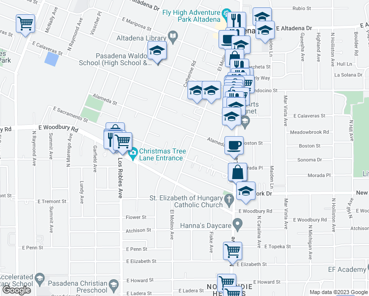 map of restaurants, bars, coffee shops, grocery stores, and more near 2097 El Molino Avenue in Altadena
