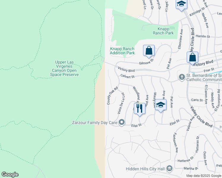 map of restaurants, bars, coffee shops, grocery stores, and more near 6021 County Oak Road in Los Angeles