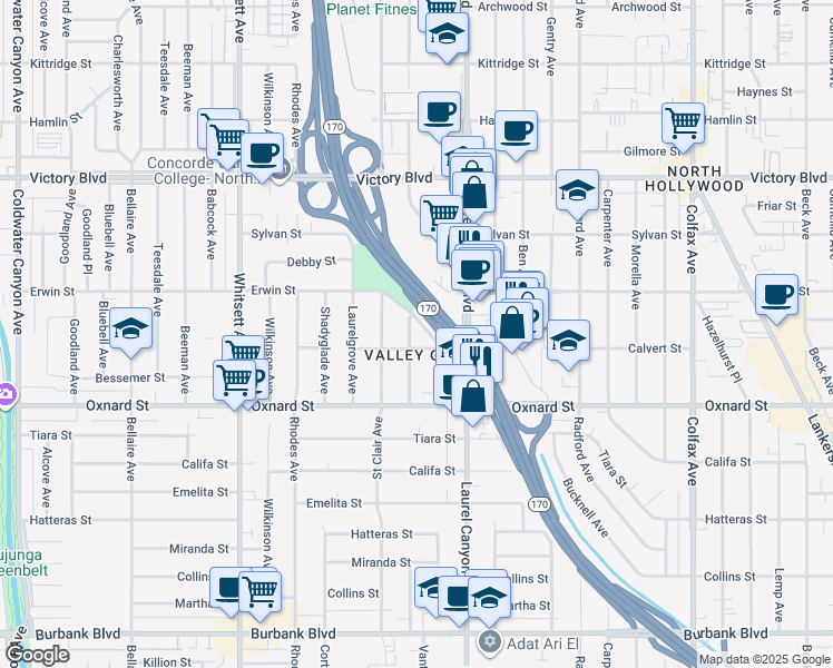 map of restaurants, bars, coffee shops, grocery stores, and more near 6114 Bellingham Avenue in Los Angeles